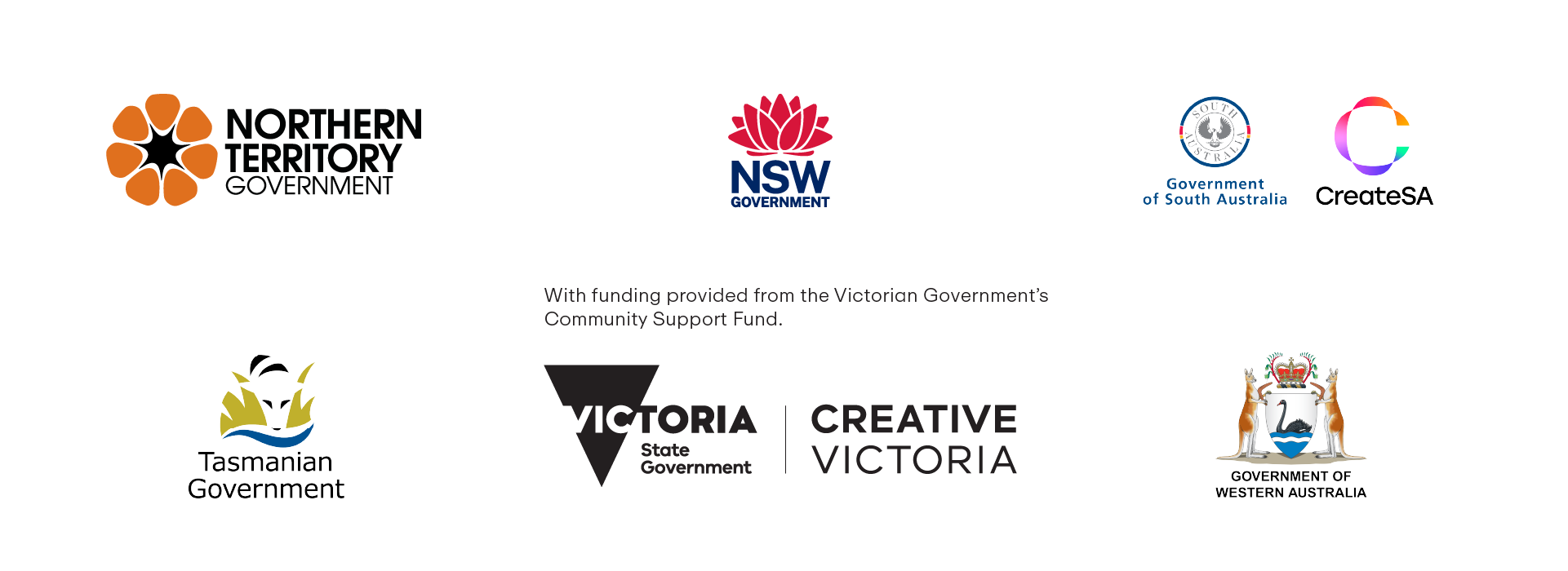 Co-investing state government logos: Northern Territory Government, NSW Government, Create NSW, Government of South Australia, Create SA, Tasmanian Government, Victorian State Government, Creative Victoria, Government of Western Australia