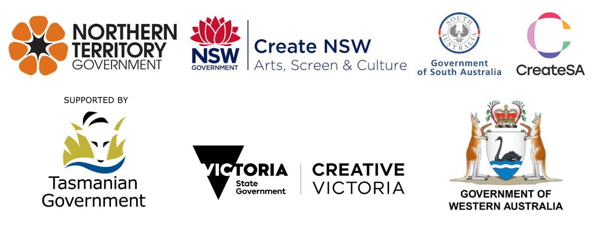 Co-investing state government logos: Northern Territory Government, NSW Government, Create NSW, Government of South Australia, Create SA, Tasmanian Government, Victorian State Government, Creative Victoria, Government of Western Australia